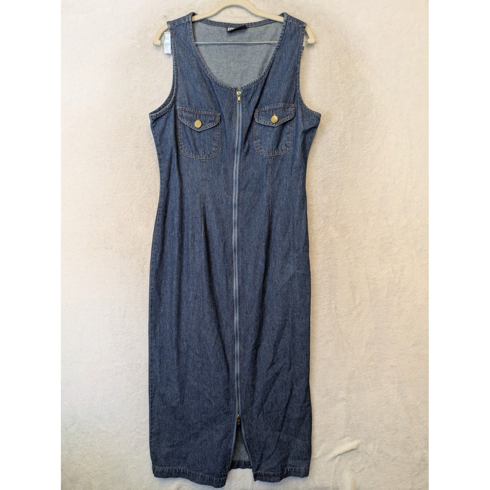 Facets by Mirrors Denim Maxi Dress Women's Large Blue Full Zip Sleeveless 90s